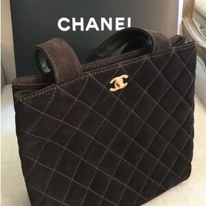 CHANEL Quilted Suede Tote in Dark Brown with Gold CC